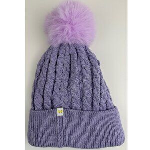 Hot Paws Kids Winter Hat Sz Age 4-6 Purple Cable Knit Pom Pom Fleece Lined NWOT